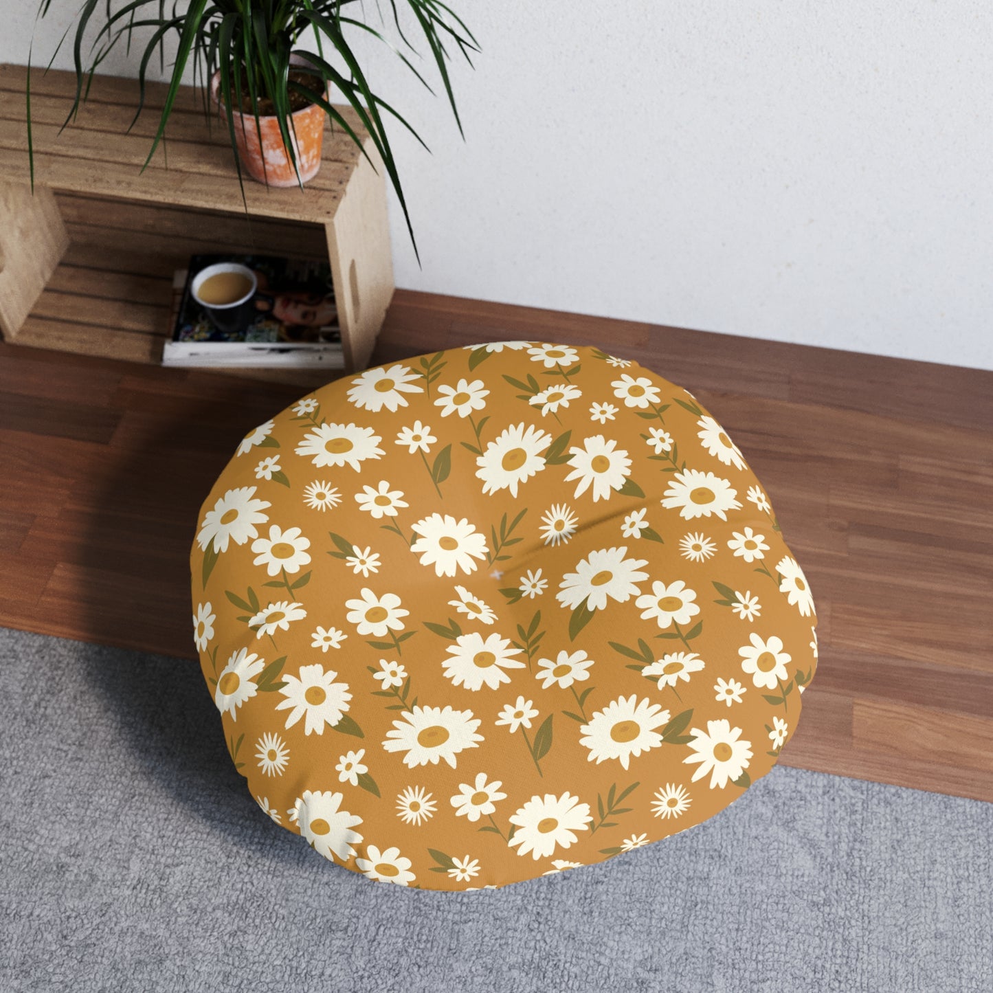 Golden Daisies Tufted Floor Pillow, Round