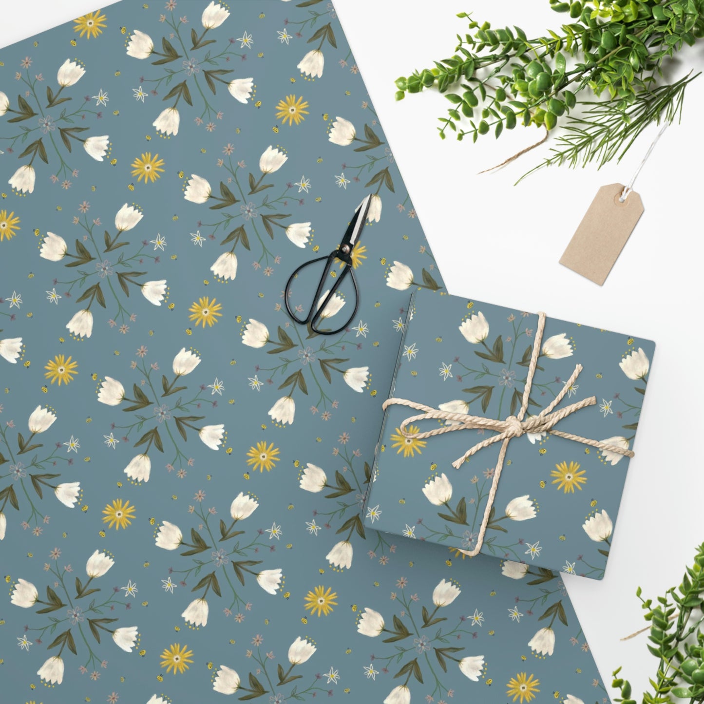 Spring Bees Blue Wrapping Paper